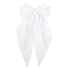 JGQUR White Hair Bows Large Satin Hair Bow Clips for Women – Long Tail Ribbon Hair Accessory, Party, Wedding, Daily Use, 1-Pack