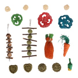 Rabbit Hanging Chew Toys Wood Grass Ball String Loofah Carrot Toys Small Animal Chew Toy for Chinchillas Guinea Pigs Hamsters