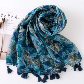 WHITE FANG MA076 Women's Stole, Floral Pattern, Flower Scarf, Stylish, Afghan, Large, Casual, Cotton Linen