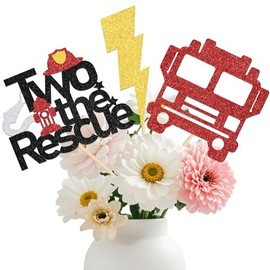 KEWUFD 12PCS Two The Rescue Centerpieces Sticks Firetruck Themed Happy 2nd Birthday Party Decorations Baby Shower Party Decor Sign Red Glitter