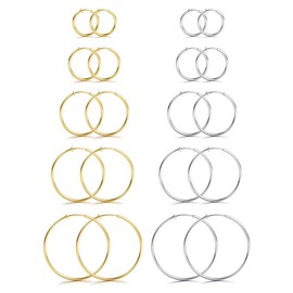 CASSIECA 10 Pairs Clip On Hoop Earrings for Women Stainless Steel Fake Hoop Earrings Silver Gold Clip On Spring Hoop Earrings for Non-Pierced Ears, 25mm 30mm 40mm 50mm 60mm