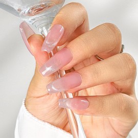 Sethexy French Long Coffin Pink False Nails Handmade Simple Shiny False Nails Glitter Acrylic Nails for Press-on Glitter Salon Quality Nail Art Removable for Women and Girls