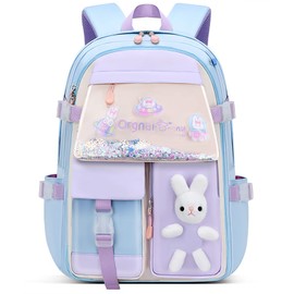 MCWTH School Backpack for Girls, Lightweight Waterproof Cute Bunny School Bookbag for Teen Kids Students Elementary (Rabbit Blue)