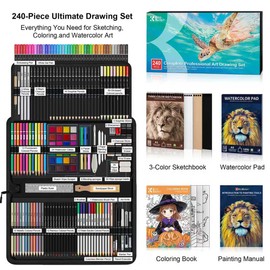 Kird Barken 240PCS Artists Art Supplies - Drawing Kit with 3 Sketchbook, Coloring book - Graphite,Colored, Charcoal, Watercolor,Metallic,Fluorescent & Rainbow Pencils - for Artists and Beginners