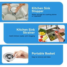 Kitchen Sink Drain Strainer, Pop-up Sink Stopper, 3-in-1 Universal Sink Strainer with Anti-Clogging Basket, Kitchen Drain Plug, Stainless Steel Filter for US Standard 3-1/2'' Drain