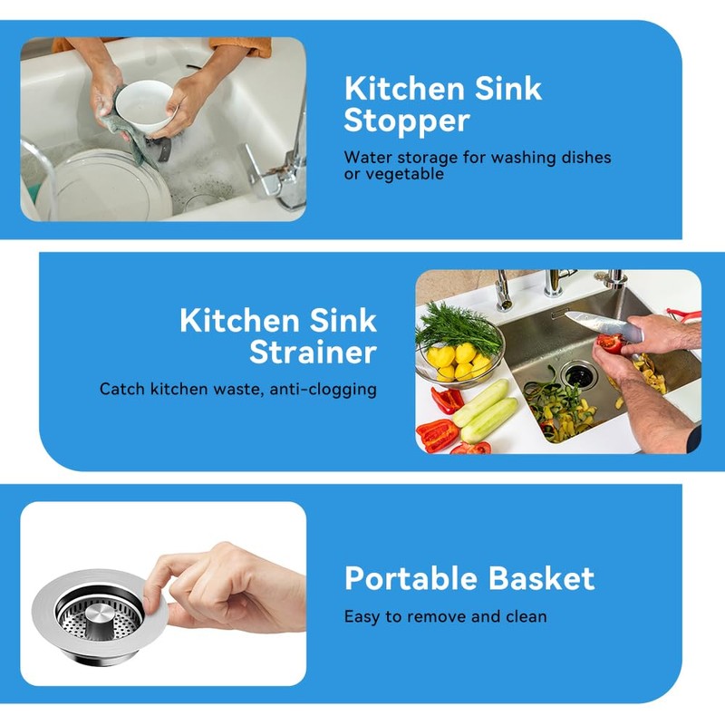 Kitchen Sink Drain Strainer, Pop-up Sink Stopper, 3-in-1 Universal Sink