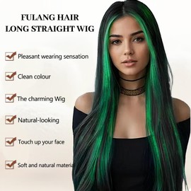 Fulang Hair Long Natural Highlight Green Wigs for Women Long Straight Wigs Synthetic Hair Heat Resistant Wig for Daily Party Cosplay Use