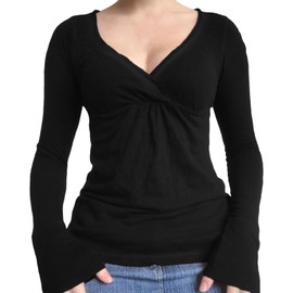 Women Girls Wrap V-Neck Going Out Tops Solid Color Fairy Grunge Long Sleeve Top Y2K Shirts Streetwear (Black, XL)