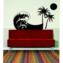 Wave Palm Tree and Sun Scene Decal Wall Vinyl Sticker Nature Beach