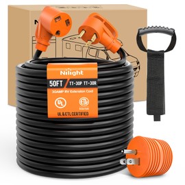Nilight 50FT 30 Amp RV Extension Cord with Adapter 15Amp to 30Amp 125V Heavy Duty 10/3 Gauge Pure Copper STW Wire UL ETL Listed 3 Prong TT-30P TT-30R Weatherproof Suit for Generators Campers