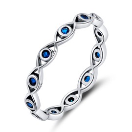 YMHOP - Anillo de plata de ley S925, delicado anillo de circonita cúbica turca con sello de mal de ojo azul Mal De Ojo, protección energética, regalo para mujeres, Plata, Zirconia cúbica