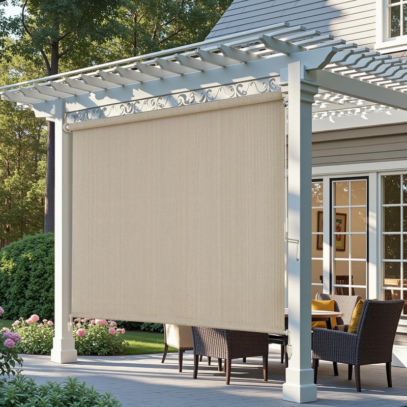 AOSKY Outdoor Roller Shades，Cordless Patio Shades Roll Up Outdoor Blinds，Roller