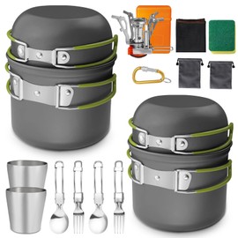 AUTOPkio Camping Cookware Set for 2 People, 18-Piece Camping Pots Aluminium Camping Cooking Pot with Gas Cooker, Stainless Steel Cutlery Cup for Outdoor Picnic, BBQ, Hiking, Cooking