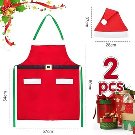 Red Christmas Apron with Christmas Hat, Kitchen Apron Adjustable Bib Apron with Pockets, Kitchen Christmas Eve Christmas Decoration, for Christmas Costume Women and Men, Fancy Dress, Theme Party etc,