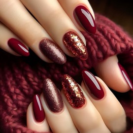 QQPPOLIU Press on Nails for Women, Almond False Nails Red Fake Nails Glitter Nails Press Ons Glue on Nails for Spring