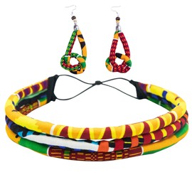 BintaRealWax Women's African Cotton Printed Turban Earrings Set Three Strand Rope Adjustable Hairband Earrings 3PS