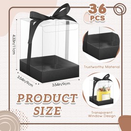 Cunno 36 Set 3.5 x 3.5 x 4.3 in Transparent Candle Gift Box Packaging Box 4-18 oz Tealight Candle Holders Bulk Paper Bottom Cover with Ribbon for Christmas Wedding Baby Shower Party(Black)