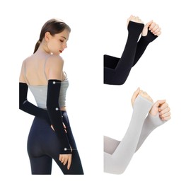 [HYOJINYO] 冷感アームカバー, UVカットUPF50+, 冷感素材, 指掛けタイプ, 吸汗速乾, ロング丈, 日焼け対策 (ブラック＋グレー)