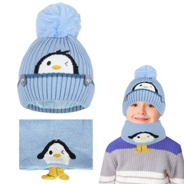 Winter Warm Hat and Scarf Set,2 in 1 Girls Boys Beanie Hat Scarf Set,Thermal Knitted Thick Fleece Lining Cap,Pom Pom Bobble Hat Snood Neck Warmer Gifts for Girls Boys Children Women Outdoor Sport