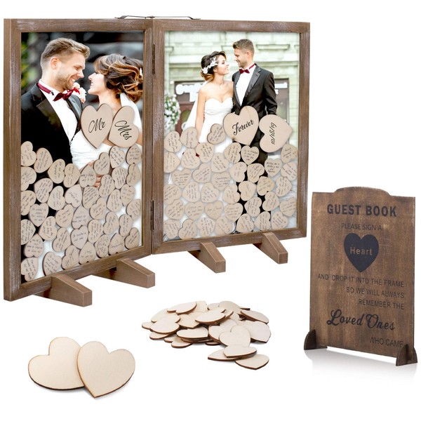 GLM Wedding Guest Book Alternative with Sign, 160 Hearts and 4 Large Hearts, Guest Book Wedding Reception, Sign in Guest Book Alternatives, Rustic Wedding Decorations (Brown)