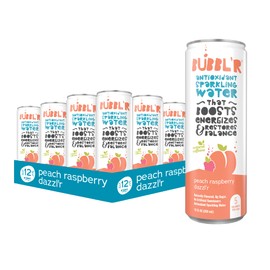 BUBBL'R peach raspberry dazzl'r, Antioxidant Sparkling Water with Natural Caffeine, 0g Sugar, Gluten Free, All Natural Flavors, 12 Fl Oz Cans, 12 Count (12 Fl Oz (Pack of 12), peach raspberry dazzl'r)