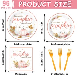 96Pcs Thanksgiving Fall Little Pumpkin Baby Shower Tableware Set Autumn A Sweet Little Pumpkin is on the Way Party Supplies Decorations Disposable Pink Plates Napkins for Girls Serves 24 Guests