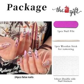 RUNRAYAY 24 pieces almond shape press on nails, pink medium length with snake and flame, French designs, fake false nails, oval nail art for women and girls, stick on nails