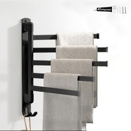 Swivel Towel Racks for Bathroom/Kitchen, Wall Mounted No Drill Heavy Duty Towel Holder with Multi-Bar, Carbon Steel Stainless Swing Rod Towel Bar,Black 5-Arms Space Saving Adhesive Towel Hanger Bath