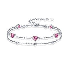 Wildari Birthstone Bracelets for Women 925 Sterling Silver Charm Link Double Strand Heart October Birthstone Jewelry Gift for Wife Women Mother's Day Gift