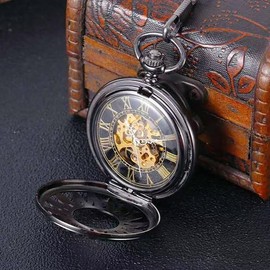BOSHIYA Vintage Mechanical Pocket Watches with Chain Black Skeleton Dial Roman Numberals Pocketwatch Gifts for Fathers Day