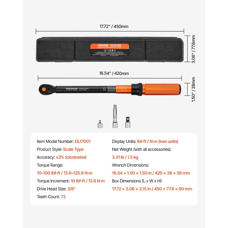 VEVOR 3/8 Inch Drive Torque Wrench, 10-100 ft.lb/13.6-135.6 Nm, Dual-Direction