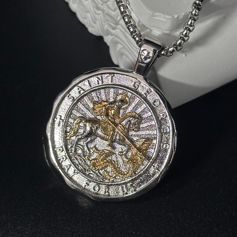 OigvcoTe Silver Gold St George Necklace Catholic Medal