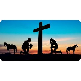 Praying Cowboy and Cowgirl at Cross Centered Photo License Plate