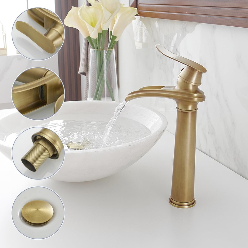 BWE Antique Brass Bathroom Vessel Sink Faucet Waterfall Spout Single