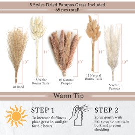 VELOVA VELOVA Set of 3 White Ceramic Vase with 65 PCS Dried Pampas Grass Flowers Aesthetic Boho Modern Small Round Cute Vases for Decor Living Room Coffee Table Shelf Bedroom Office Desk Home Gifts Women Mom