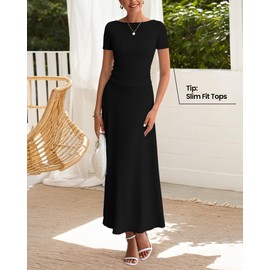 BTFBM 2025 Women's Summer 2 Piece Outfits Spring Crewneck Short Sleeve Ruched Bodycon Tops Flowy Knit Maxi Skirt Sets(Black, X-Large)