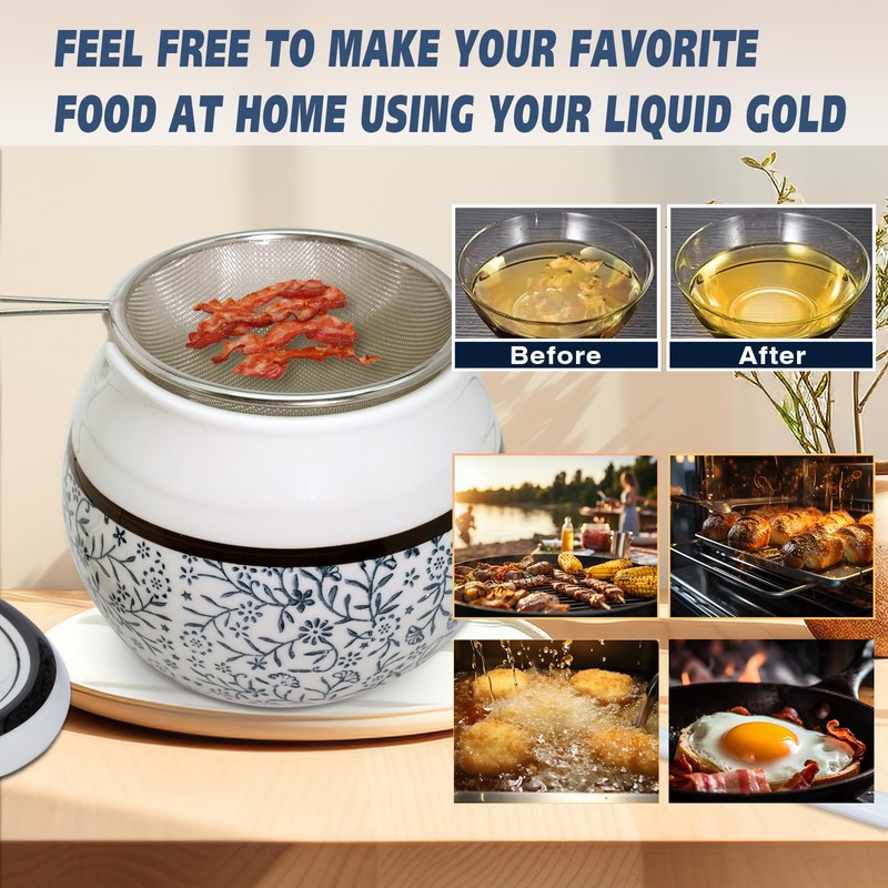 Caylielam Ceramic Bacon Grease Saver with Strainer, 23oz Kitchen Cooking