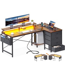 ODK 55-Inch Reversible L-Shaped Computer Desk with 4 Drawers, Office Desk with LED Lights & USB Power Outlets, Corner Desk with CPU Shelf & Monitor Stand, Study/Writing/Work Table for Bedroom, Vintage