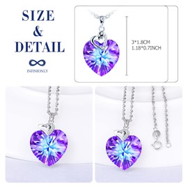 INFINIONLY Women's girl's Heart Crystal Necklace Pendant, Elegant 925 sterling silver necklace, Heart of the Ocean colored crystal necklace pendant, with mini heart, 45cm chain, zircon, slight purple
