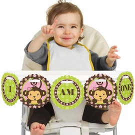 Big Dot of Happiness Pink Monkey Girl 1rst Birthday Highchair Decor - I Am One - First Birthday High Chair Banner