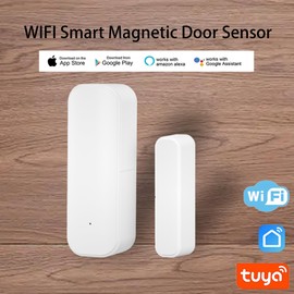 TUYA Smart Door/Window Sensor, Wireless Window Sensor, Real-time Alarm, Compatible with Alexa Google Assistant, Security Door, Open Contact Sensor for Business Burglar Alarm (Pack of 4)