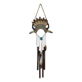 Ebros Gift Rustic Southwest Boho Chic Indian Chief Headdress with Feathers and Colorful Beads Turquoise Rock Decorative Wind Chime Garden Patio Hanging Mobile Figurine Southwestern Accent