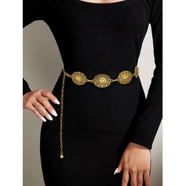 Liutufy Western Concho Belt for Women Metal Chain Link Belt Boho Chain Belts for Dresses Jeans(A Gold-L)