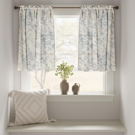 TOPICK Linen Kitchen Curtains Vintage Floral Curtains 24 Inch Botanic Print Cafe Curtains Small Half Window Curtains Rustic Translucent Short Curtains for Cupboard Bathroom 2 Panels Blue on Beige