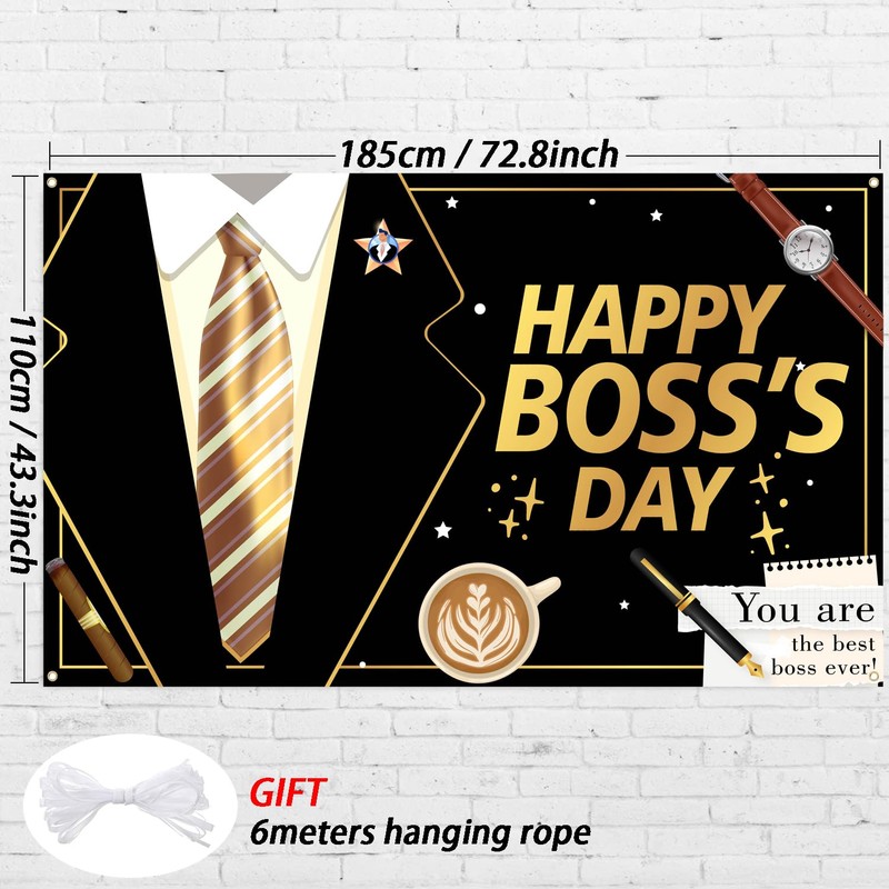 Happy Boss's Day Banner Backdrop, Black Gold Boss's Day Decorations,