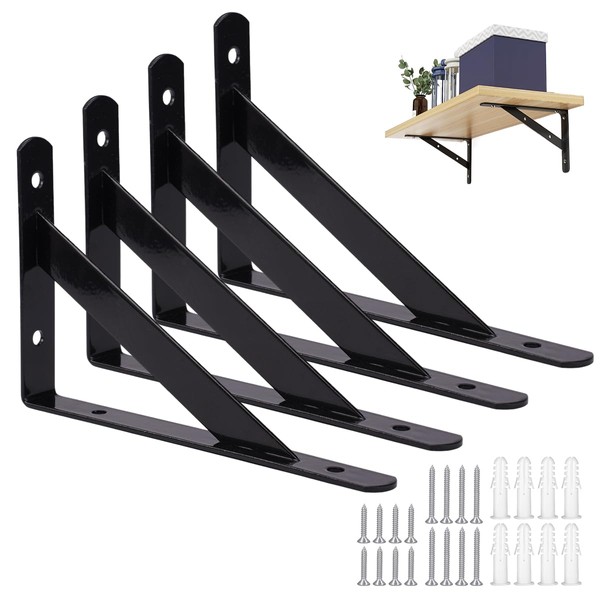 Pack of 4 Shelf Brackets, Black Metal, Heavy Duty Support
