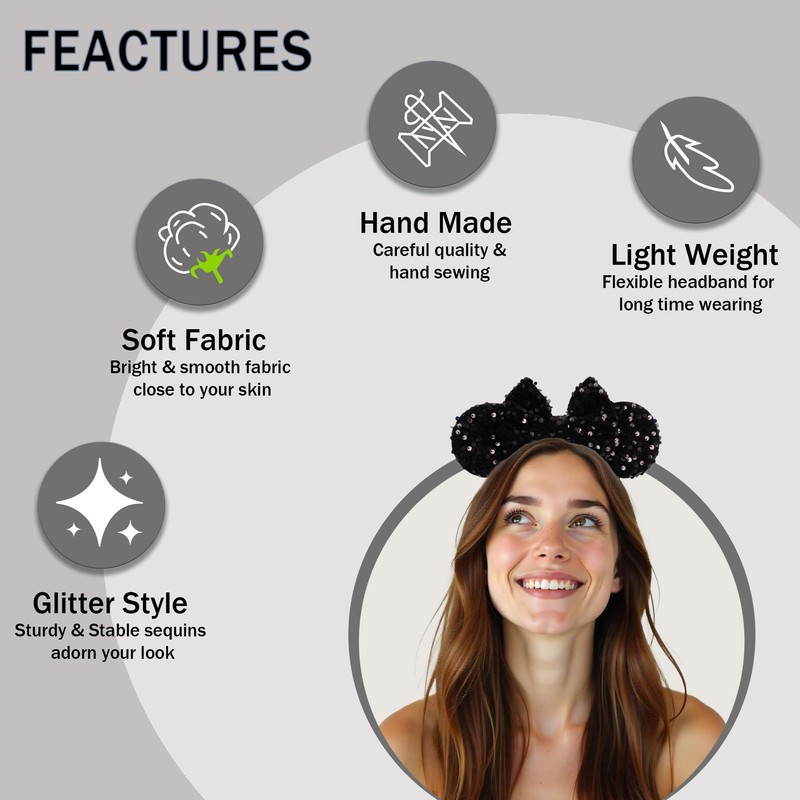 zhezesmila Sparkling Mouse Ears Sequin Bow Ears Headband for Women