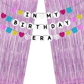 JIAHAO In My Birthday Era Banner & Pink Tinsel Curtains Set, 1PCS In My Birthday Decor & 2PCS Sparkly Backdrop for Singer Inspired Party, Celebration Supplies
