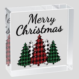 Christmas Decorations Indoor Christmas Decor Home Room Buffalo Plaid Tree Acrylic Table Sign Rustic Shelf Desk Decor Season Sign House Warming Gifts 4.5 x 4.5 Inch