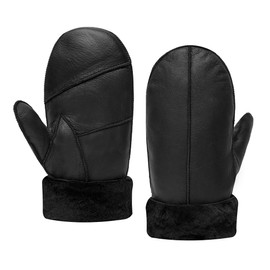 MGGMOKAY Men Leather Mittens Shearling Sheepskin Fur Lined Winter Mitten Gloves,Black,L